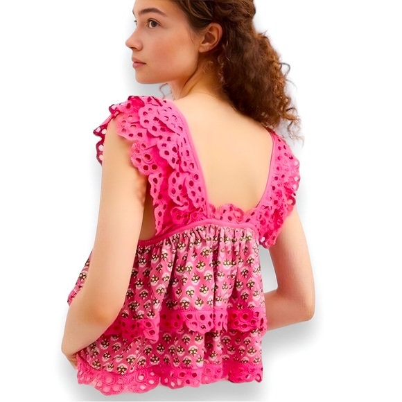 ANTHROPOLOGIE Let Me Be Layered Ruffle Tiered Pink Floral Eyelet Swing Top - Picture 5 of 17